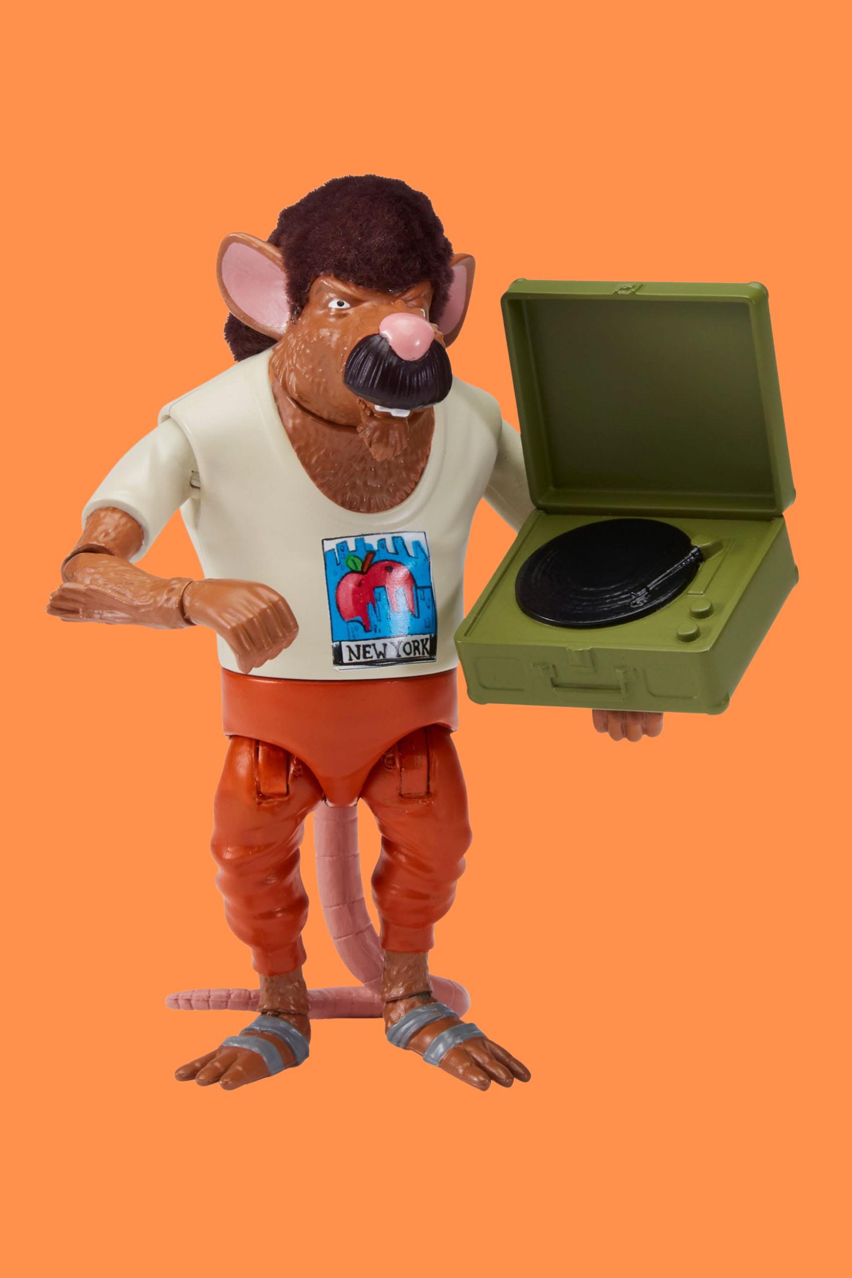 Front shot of Young Splinter Mutant Mayhem action figure holding green record player with flocked hair
