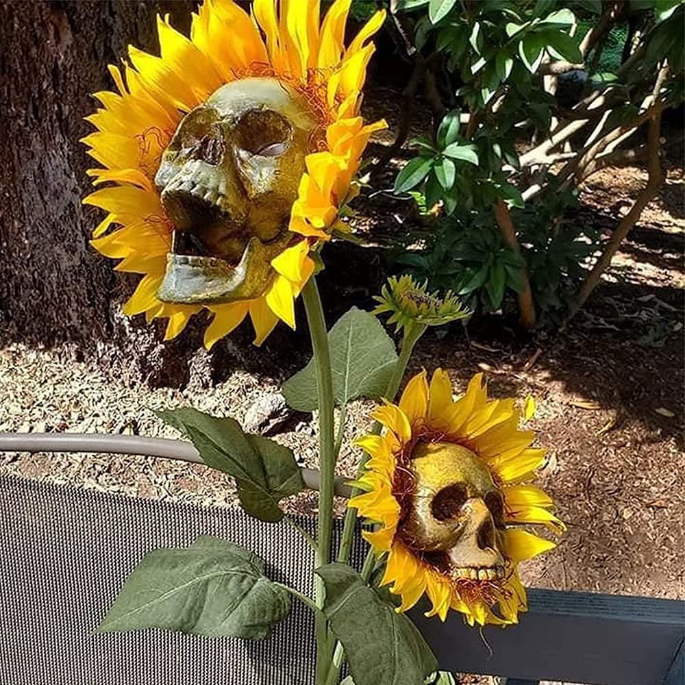 Halloween Artificial Skull Sunflower,Halloween Skull Sunflower Simulat Flower Skull Head Simulation Sunflower Garden Stake Decor
