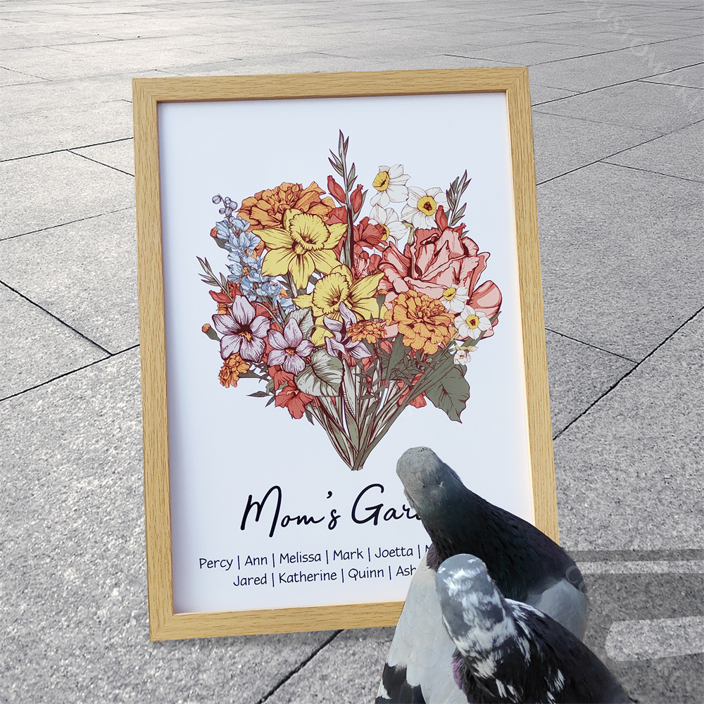 Classic Custom - Personalized Birth Flower Family Bouquet Names Frame