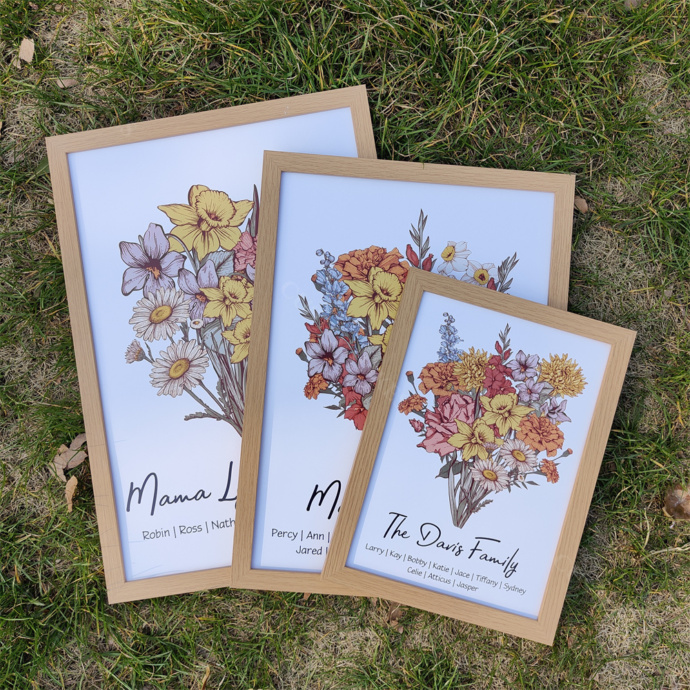 Classic Custom - Personalized Birth Flower Family Bouquet Names Frame