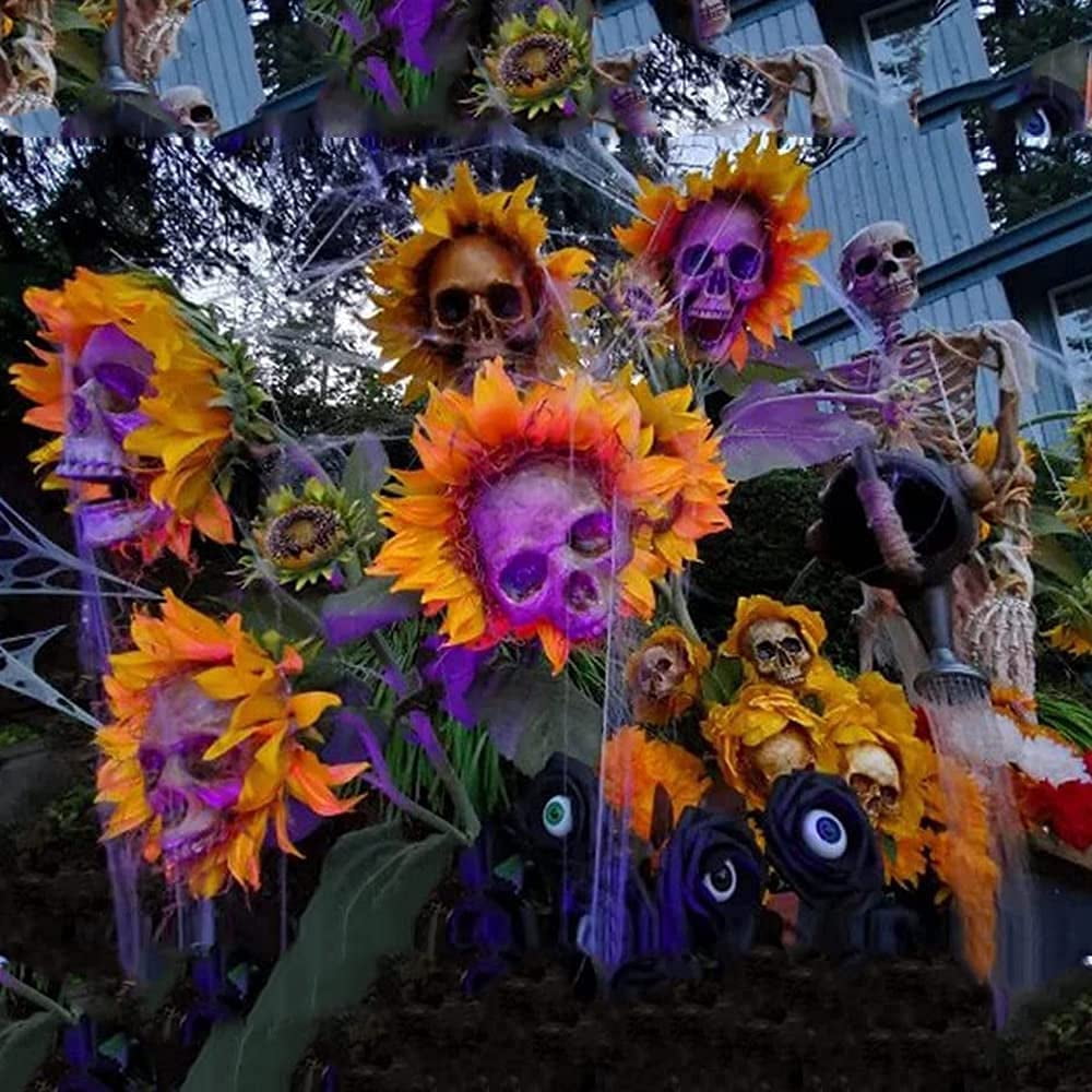 Halloween Artificial Skull Sunflower,Halloween Skull Sunflower Simulat Flower Skull Head Simulation Sunflower Garden Stake Decor