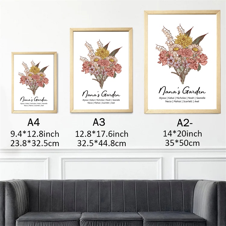 Classic Custom - Personalized Birth Flower Family Bouquet Names Frame