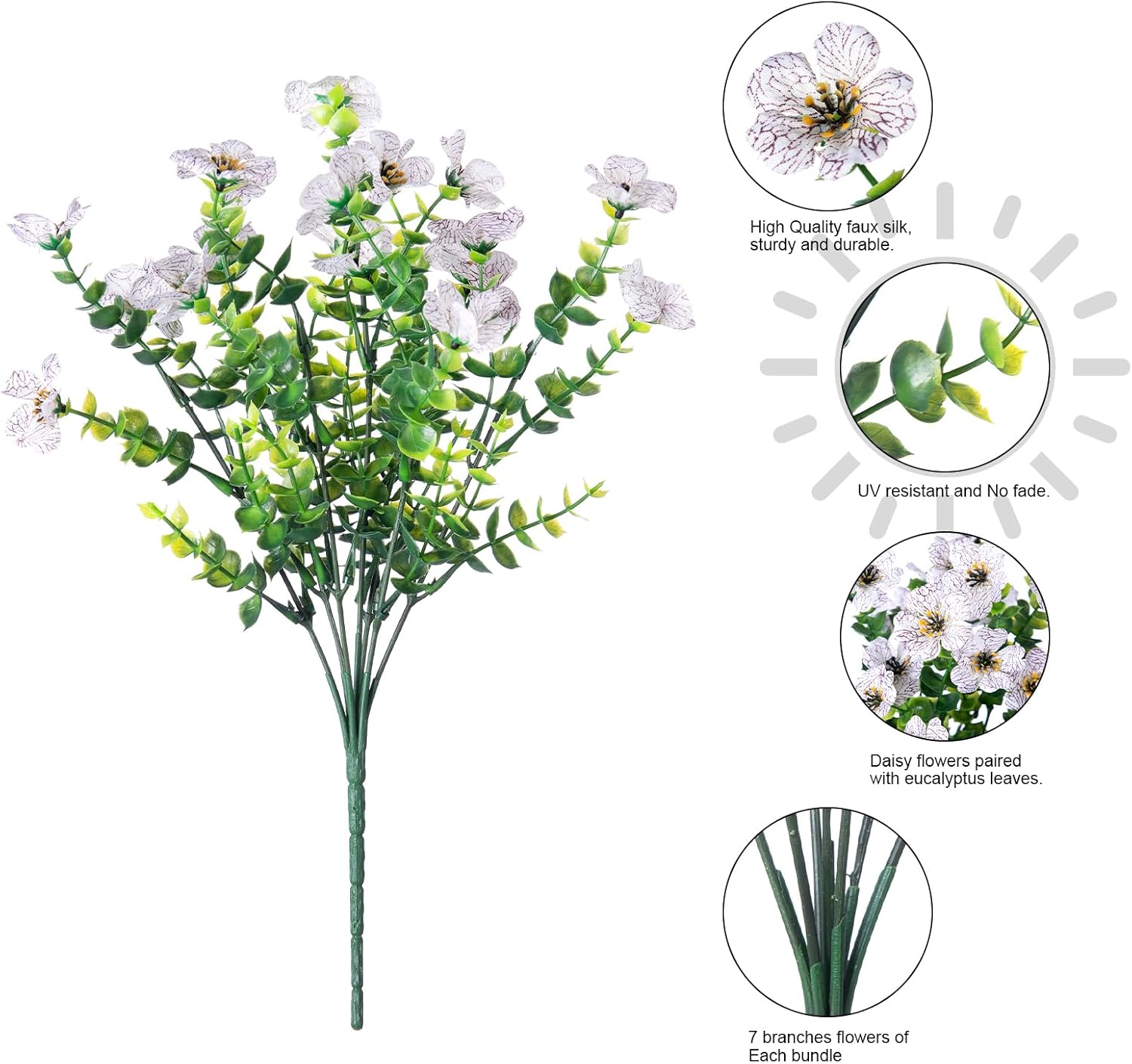 Artificial Flowers for Outdoor Indoor Garden Home Decoration, Faux Flower Daisy with Eucalyptus Leaves Fake Plants Greenery Boxwood Porch Patio, 12 Bundles (F Blue)