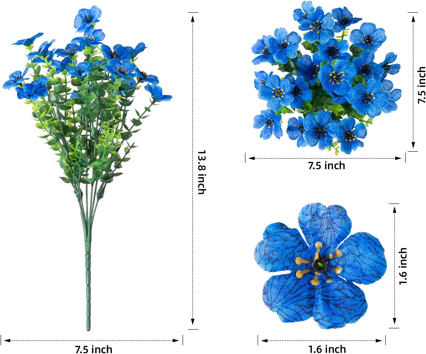 Artificial Flowers for Outdoor Indoor Garden Home Decoration, Faux Flower Daisy with Eucalyptus Leaves Fake Plants Greenery Boxwood Porch Patio, 12 Bundles (F Blue)