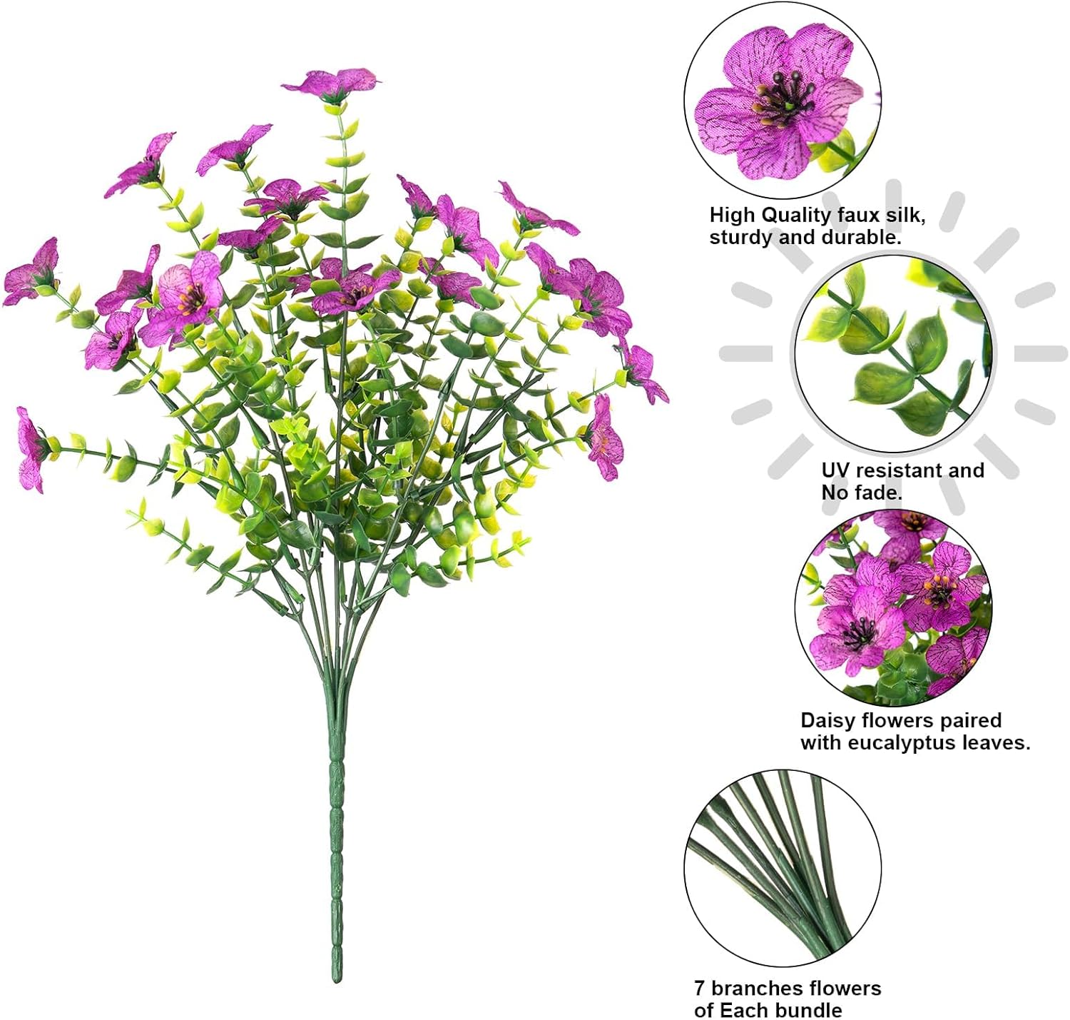 Artificial Flowers for Outdoor Indoor Garden Home Decoration, Faux Flower Daisy with Eucalyptus Leaves Fake Plants Greenery Boxwood Porch Patio, 12 Bundles (F Blue)