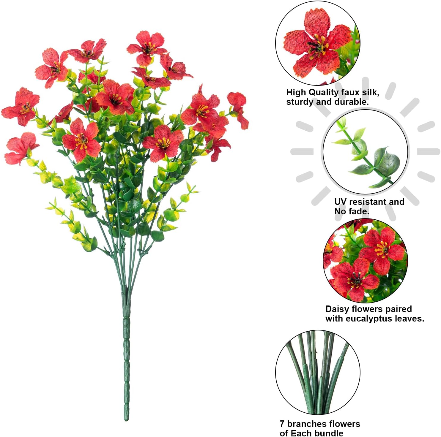 Artificial Flowers for Outdoor Indoor Garden Home Decoration, Faux Flower Daisy with Eucalyptus Leaves Fake Plants Greenery Boxwood Porch Patio, 12 Bundles (F Blue)