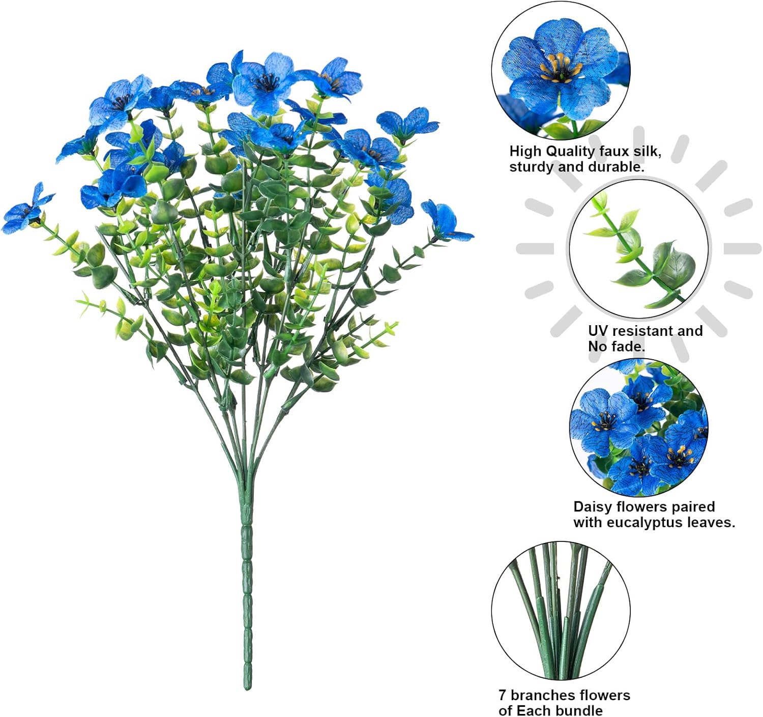 Artificial Flowers for Outdoor Indoor Garden Home Decoration, Faux Flower Daisy with Eucalyptus Leaves Fake Plants Greenery Boxwood Porch Patio, 12 Bundles (F Blue)