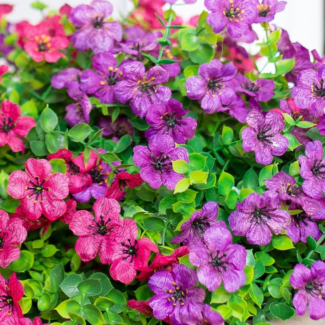 Artificial Flowers for Outdoor Indoor Garden Home Decoration, Faux Flower Daisy with Eucalyptus Leaves Fake Plants Greenery Boxwood Porch Patio, 12 Bundles (F Blue)