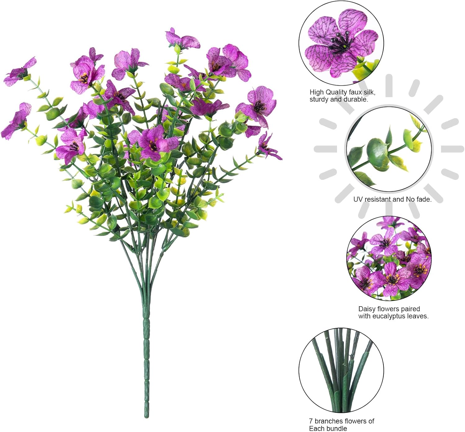 Artificial Flowers for Outdoor Indoor Garden Home Decoration, Faux Flower Daisy with Eucalyptus Leaves Fake Plants Greenery Boxwood Porch Patio, 12 Bundles (F Blue)