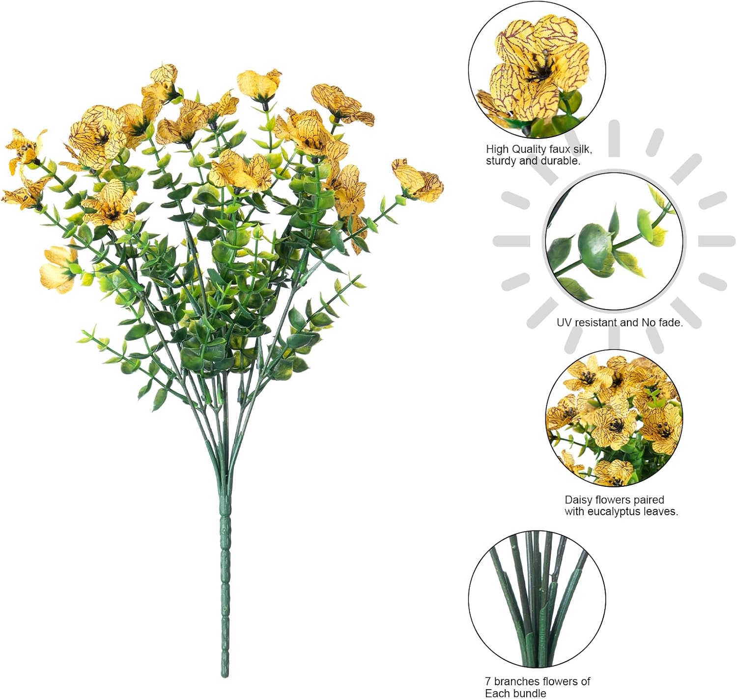 Artificial Flowers for Outdoor Indoor Garden Home Decoration, Faux Flower Daisy with Eucalyptus Leaves Fake Plants Greenery Boxwood Porch Patio, 12 Bundles (F Blue)