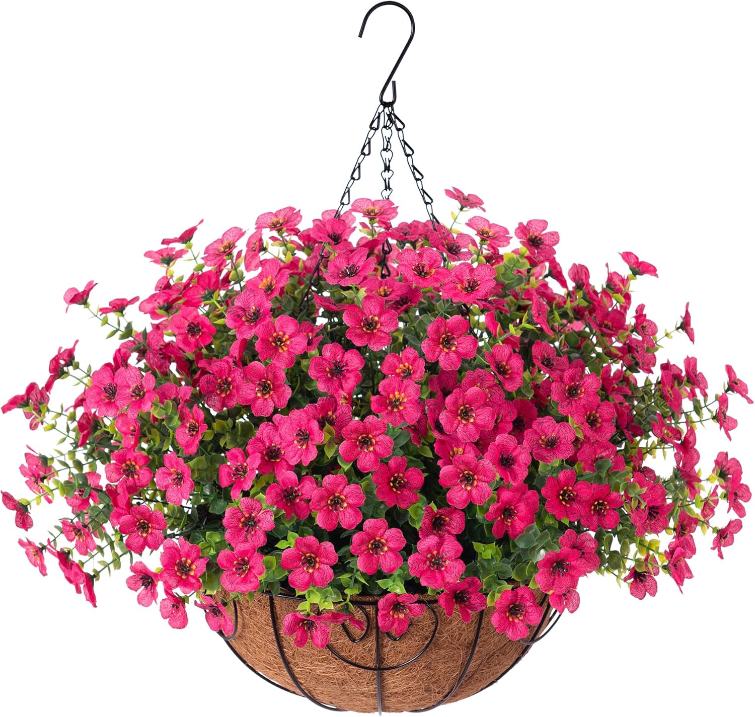 Artificial Fake Hanging Red Plants Flowers Basket for Outdoor Fall Winter Christmas, Faux Silk Daisy Mums Look Real UV Resistant for Outside Porch Home Patio Garden Yard Decoration