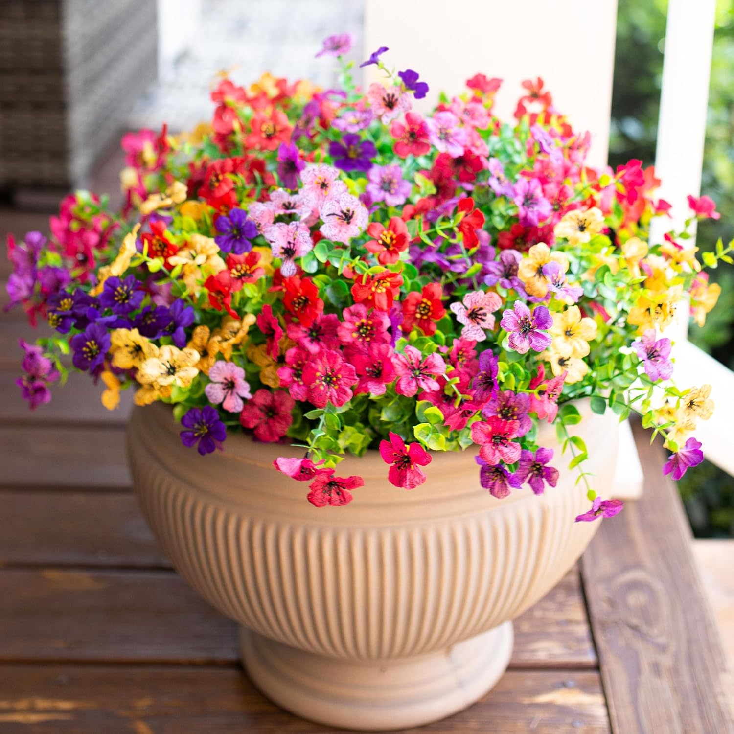 Artificial Flowers for Outdoor Indoor Garden Home Decoration, Faux Flower Daisy with Eucalyptus Leaves Fake Plants Greenery Boxwood Porch Patio, 12 Bundles (F Blue)