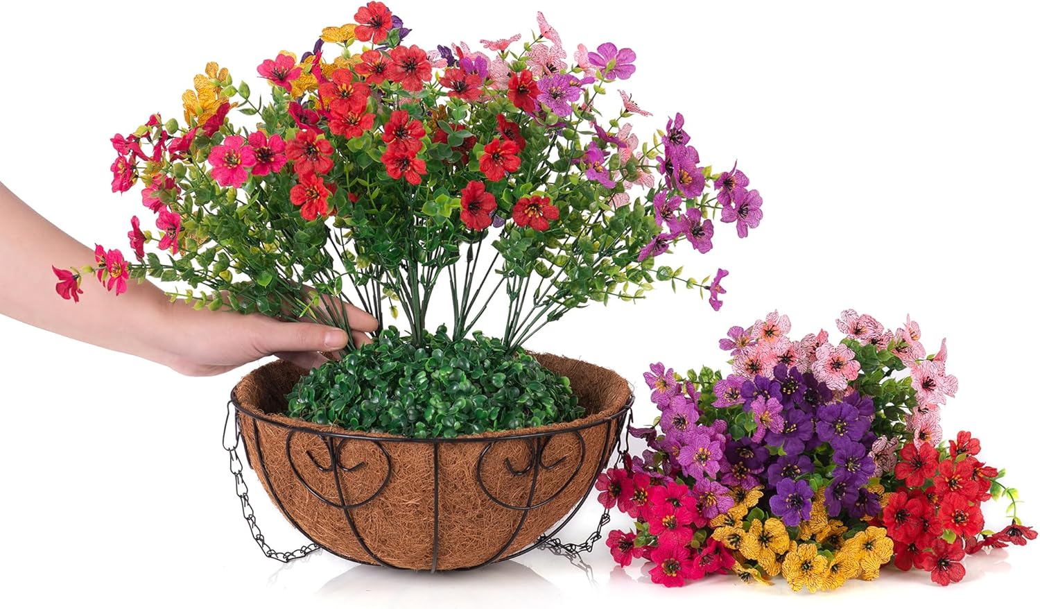 Artificial Fake Hanging Red Plants Flowers Basket for Outdoor Fall Winter Christmas, Faux Silk Daisy Mums Look Real UV Resistant for Outside Porch Home Patio Garden Yard Decoration