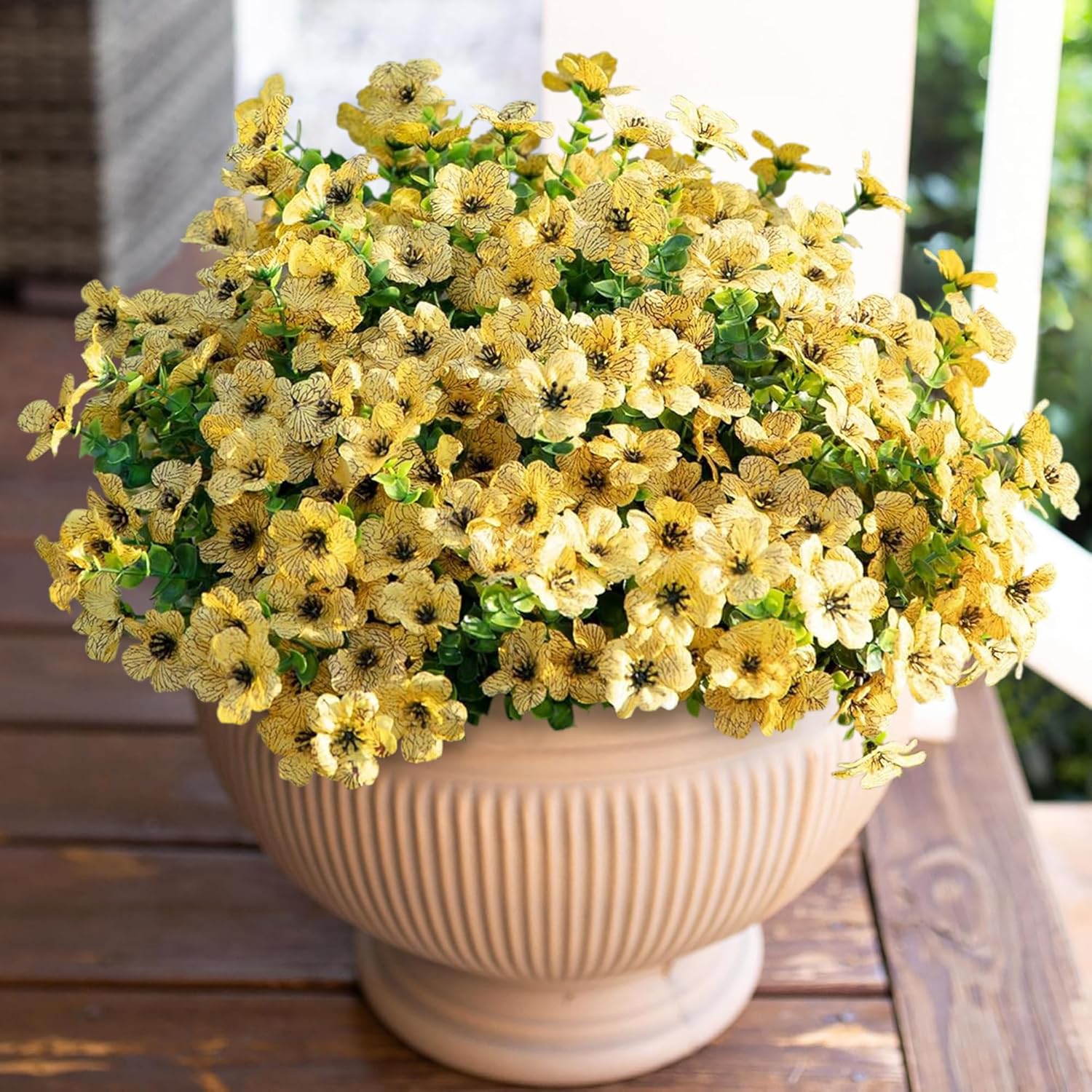 Artificial Flowers for Outdoor Indoor Garden Home Decoration, Faux Flower Daisy with Eucalyptus Leaves Fake Plants Greenery Boxwood Porch Patio, 12 Bundles (F Blue)