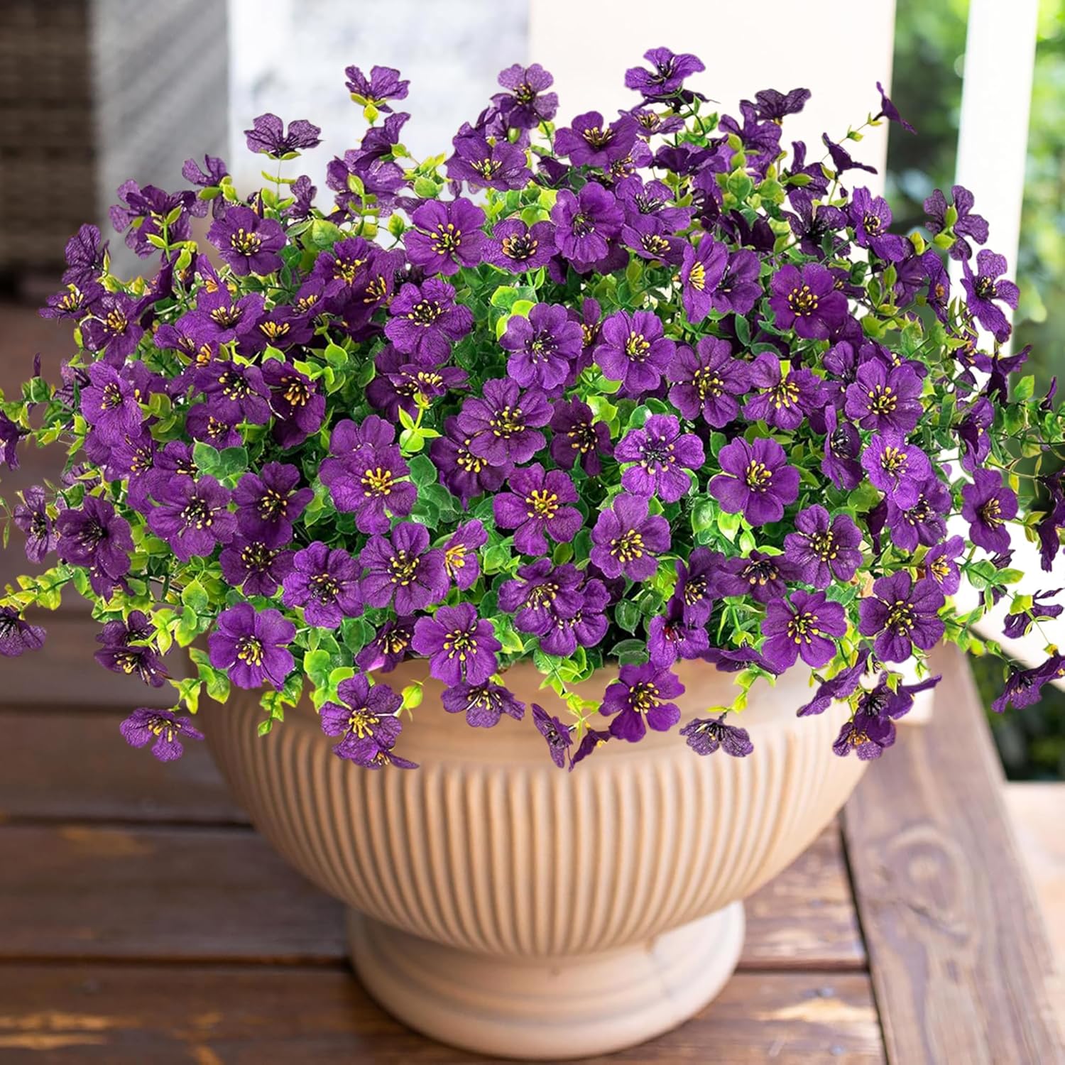 Artificial Flowers for Outdoor Indoor Garden Home Decoration, Faux Flower Daisy with Eucalyptus Leaves Fake Plants Greenery Boxwood Porch Patio, 12 Bundles (F Blue)