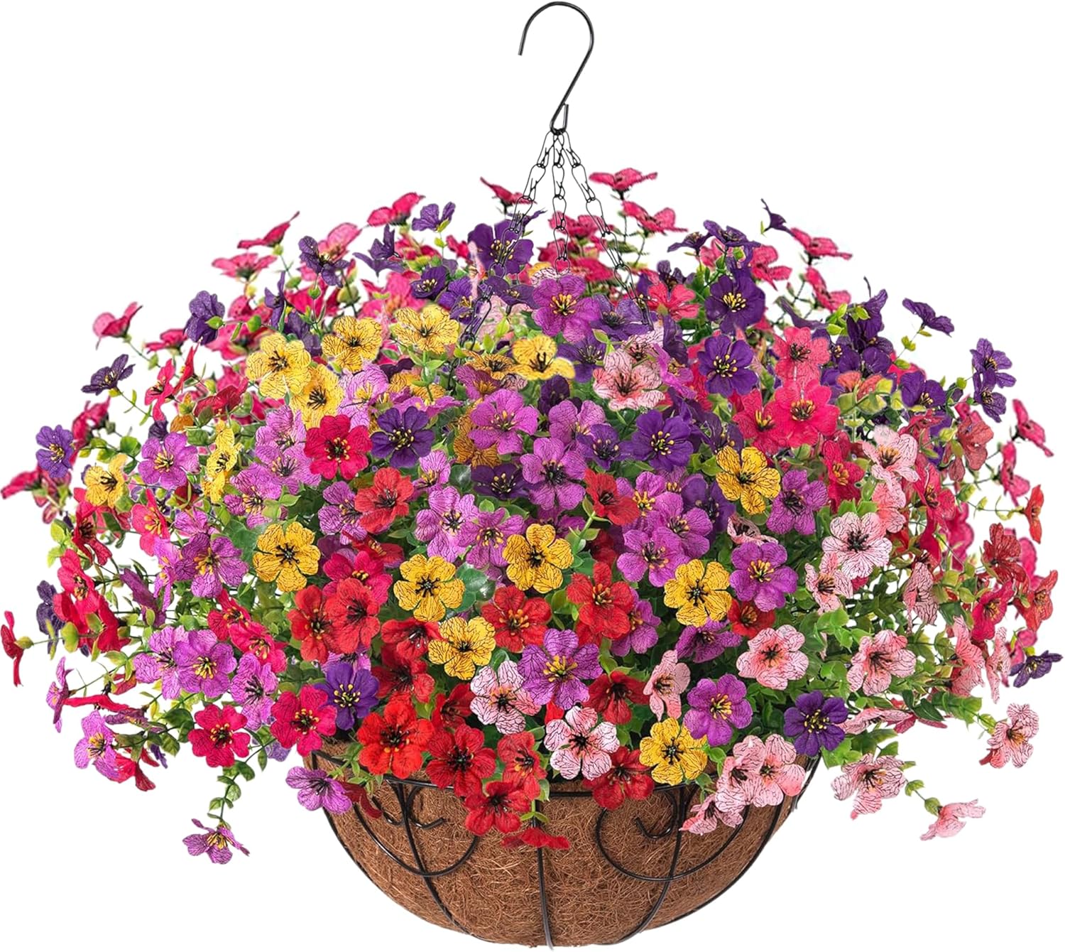 Artificial Fake Hanging Red Plants Flowers Basket for Outdoor Fall Winter Christmas, Faux Silk Daisy Mums Look Real UV Resistant for Outside Porch Home Patio Garden Yard Decoration