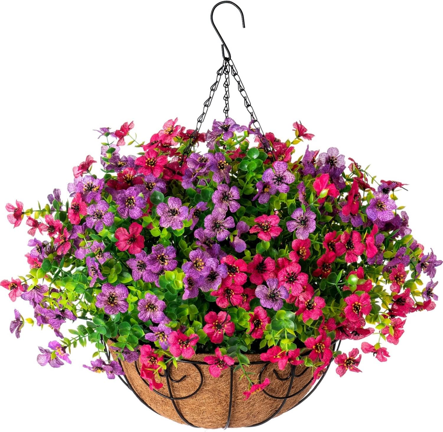 Artificial Fake Hanging Red Plants Flowers Basket for Outdoor Fall Winter Christmas, Faux Silk Daisy Mums Look Real UV Resistant for Outside Porch Home Patio Garden Yard Decoration