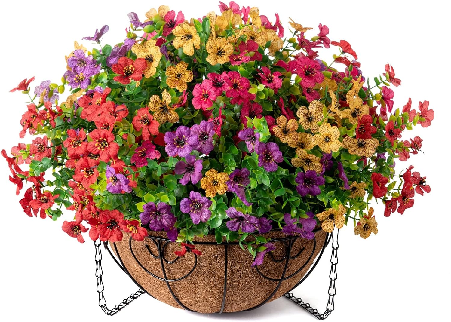 Artificial Fake Hanging Red Plants Flowers Basket for Outdoor Fall Winter Christmas, Faux Silk Daisy Mums Look Real UV Resistant for Outside Porch Home Patio Garden Yard Decoration