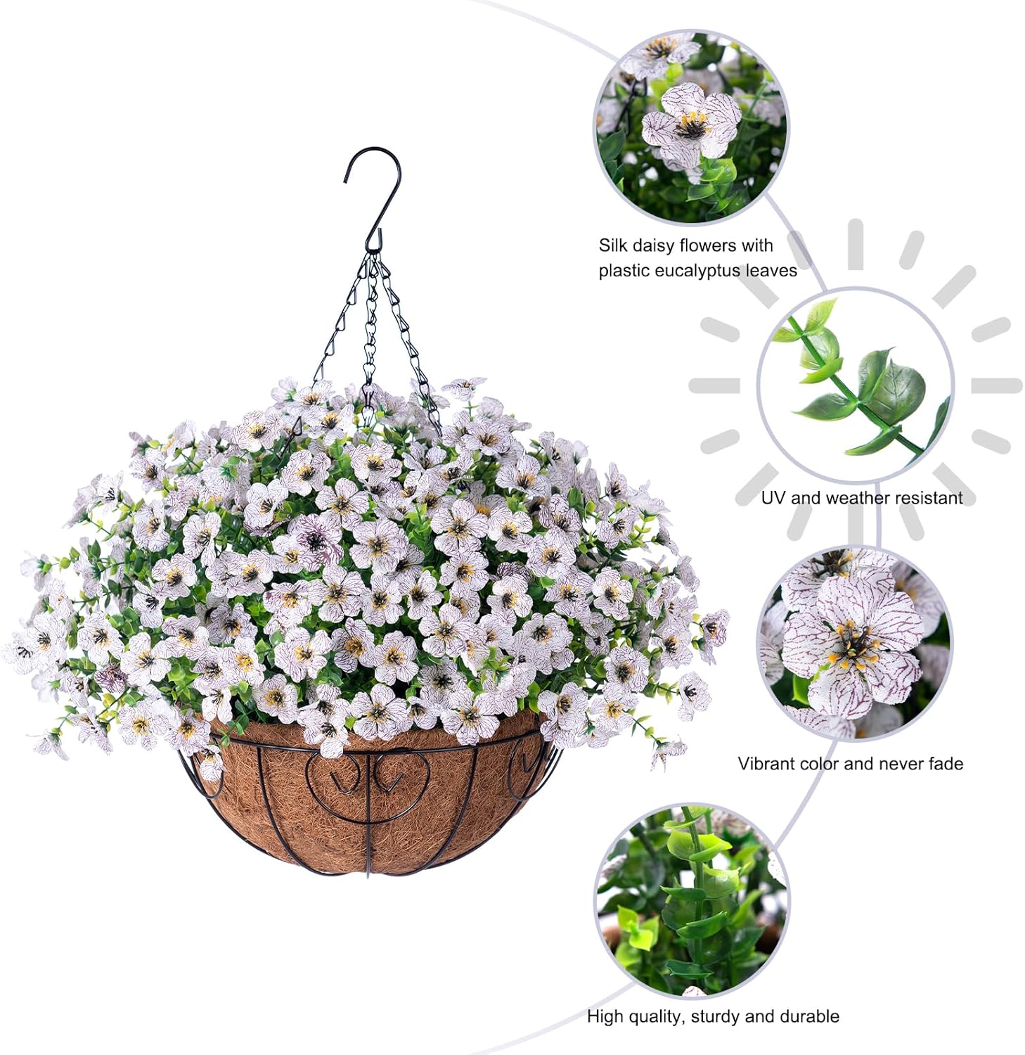 Artificial Fake Hanging Red Plants Flowers Basket for Outdoor Fall Winter Christmas, Faux Silk Daisy Mums Look Real UV Resistant for Outside Porch Home Patio Garden Yard Decoration