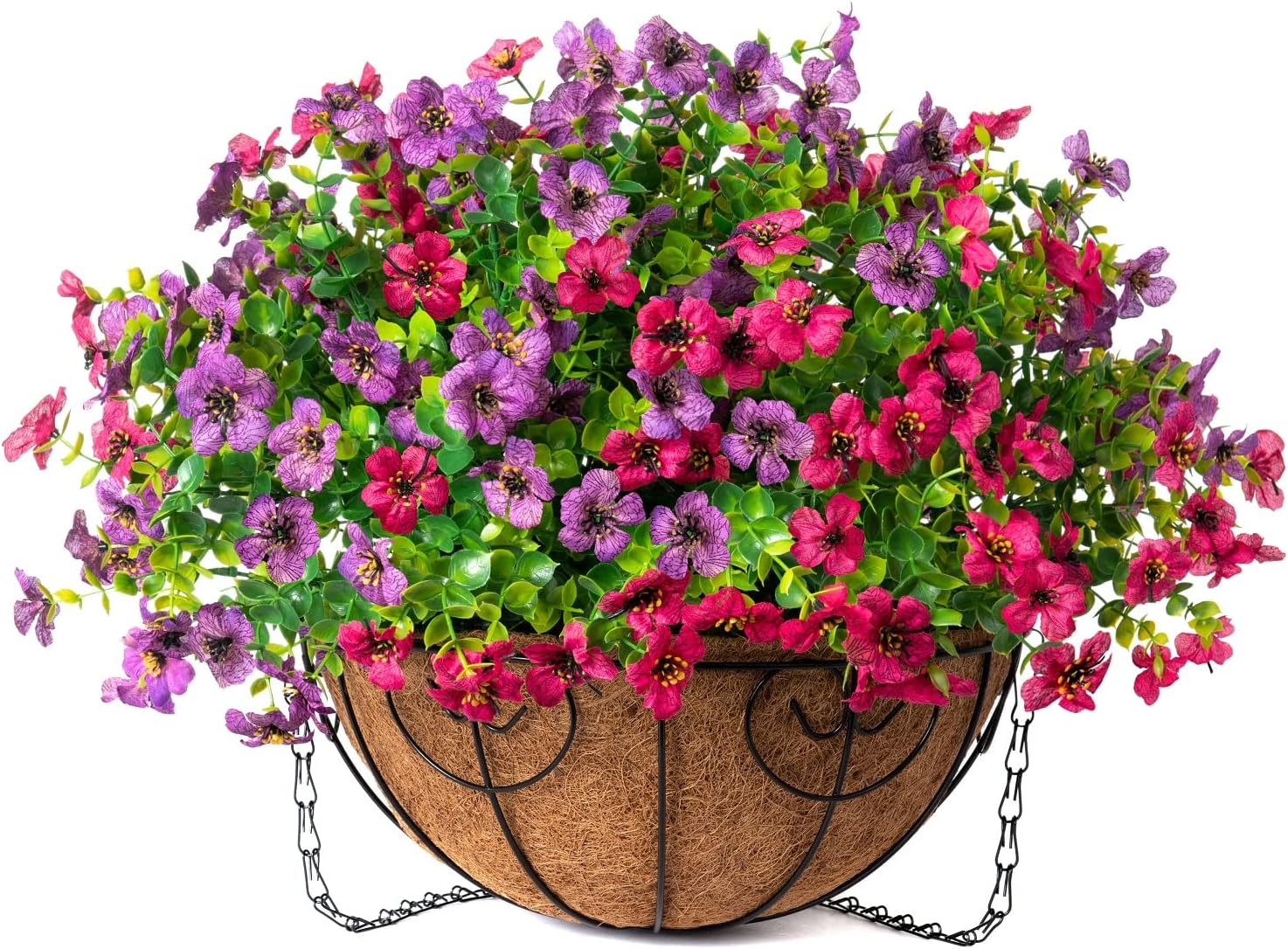 Artificial Fake Hanging Red Plants Flowers Basket for Outdoor Fall Winter Christmas, Faux Silk Daisy Mums Look Real UV Resistant for Outside Porch Home Patio Garden Yard Decoration