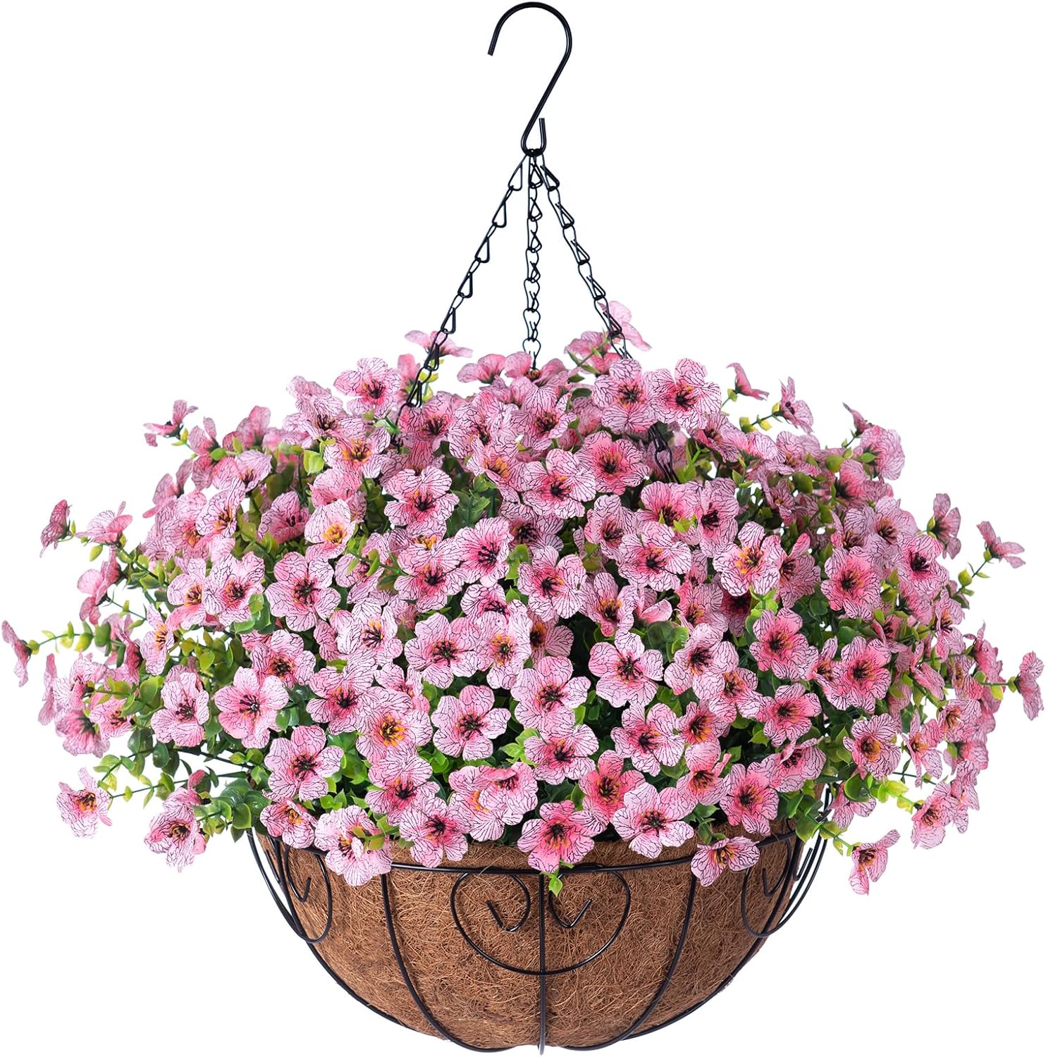 Artificial Fake Hanging Red Plants Flowers Basket for Outdoor Fall Winter Christmas, Faux Silk Daisy Mums Look Real UV Resistant for Outside Porch Home Patio Garden Yard Decoration