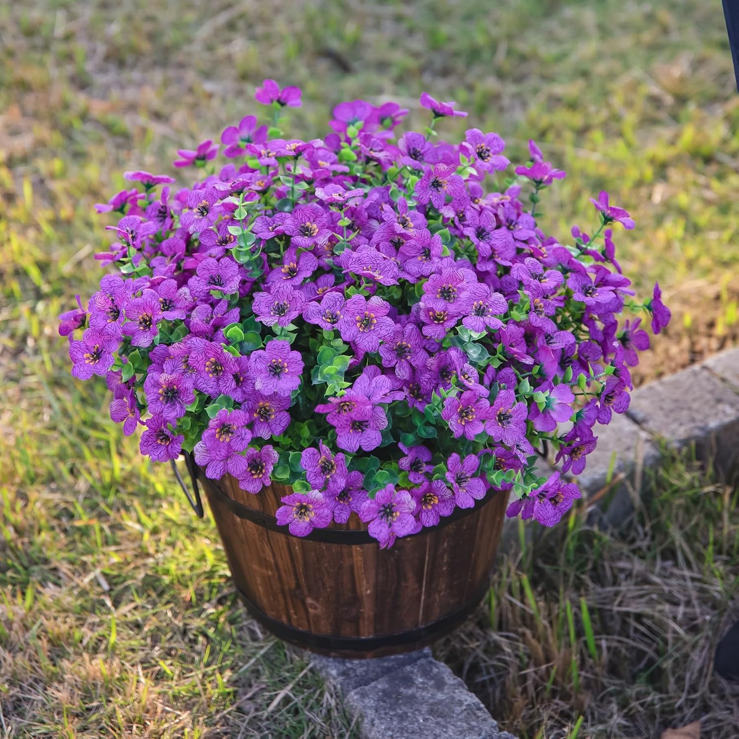 Artificial Flowers for Outdoor Indoor Garden Home Decoration, Faux Flower Daisy with Eucalyptus Leaves Fake Plants Greenery Boxwood Porch Patio, 12 Bundles (F Blue)