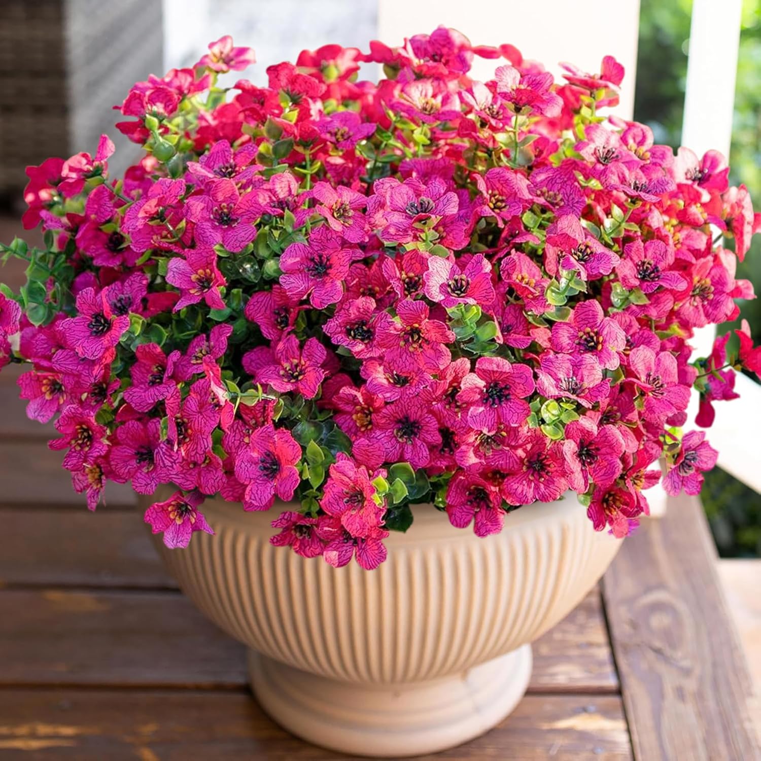 Artificial Flowers for Outdoor Indoor Garden Home Decoration, Faux Flower Daisy with Eucalyptus Leaves Fake Plants Greenery Boxwood Porch Patio, 12 Bundles (F Blue)