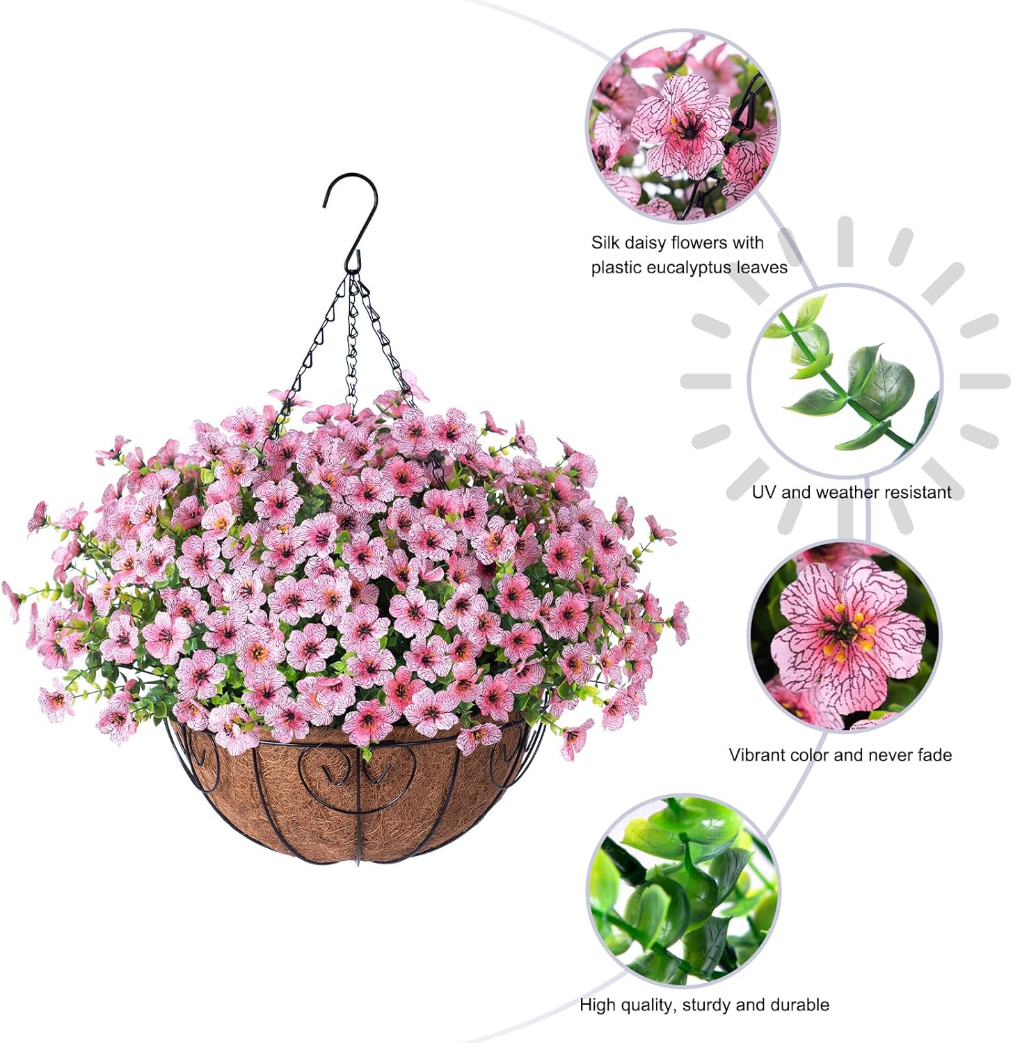 Artificial Fake Hanging Red Plants Flowers Basket for Outdoor Fall Winter Christmas, Faux Silk Daisy Mums Look Real UV Resistant for Outside Porch Home Patio Garden Yard Decoration