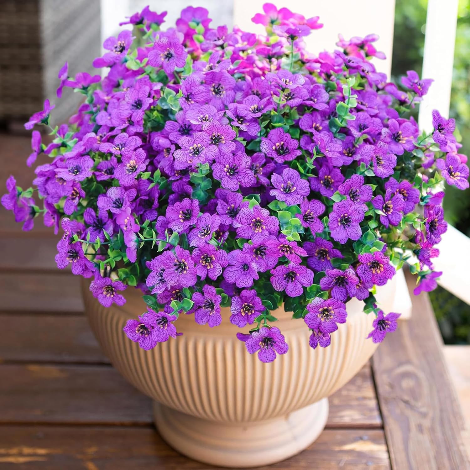 Artificial Flowers for Outdoor Indoor Garden Home Decoration, Faux Flower Daisy with Eucalyptus Leaves Fake Plants Greenery Boxwood Porch Patio, 12 Bundles (F Blue)