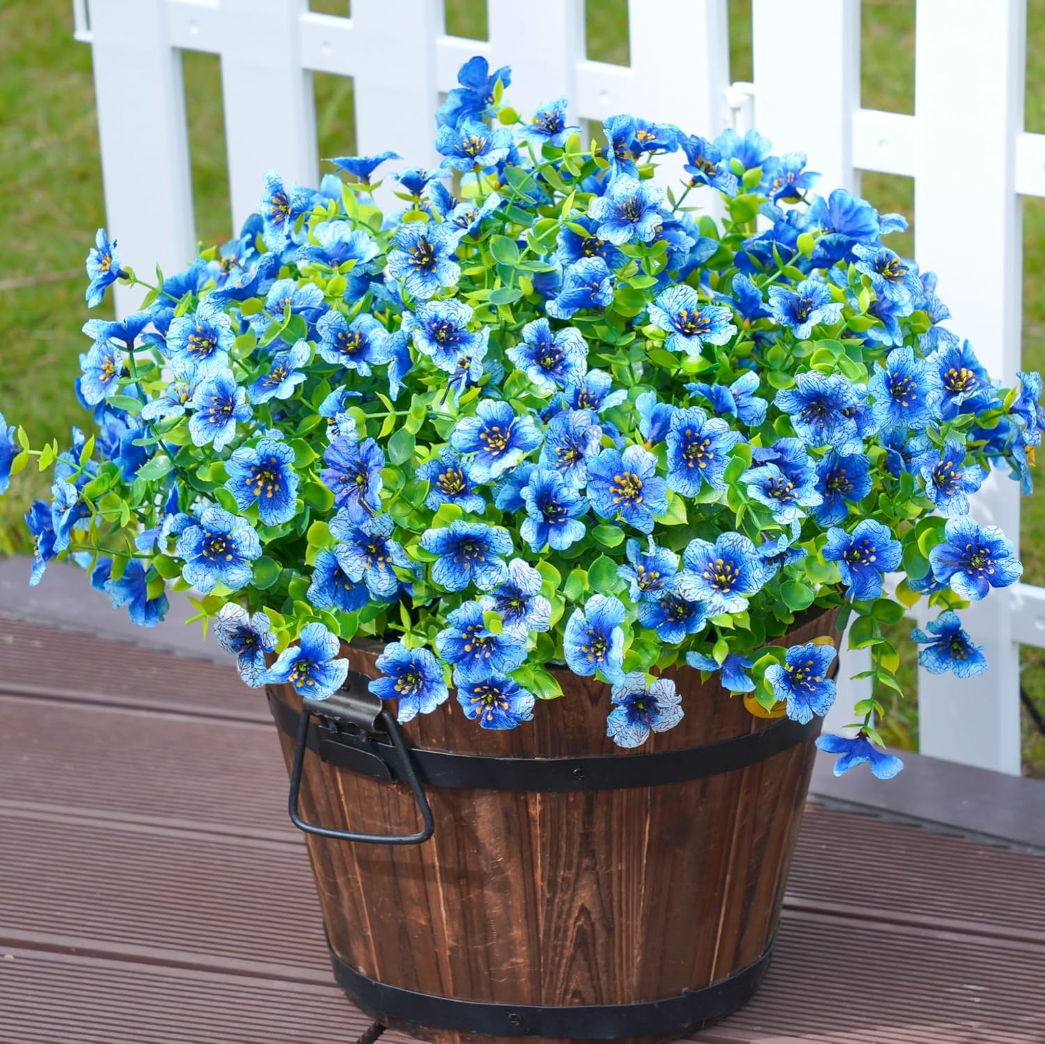 Artificial Flowers for Outdoor Indoor Garden Home Decoration, Faux Flower Daisy with Eucalyptus Leaves Fake Plants Greenery Boxwood Porch Patio, 12 Bundles (F Blue)