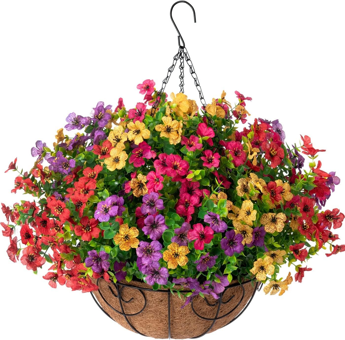 Artificial Fake Hanging Red Plants Flowers Basket for Outdoor Fall Winter Christmas, Faux Silk Daisy Mums Look Real UV Resistant for Outside Porch Home Patio Garden Yard Decoration