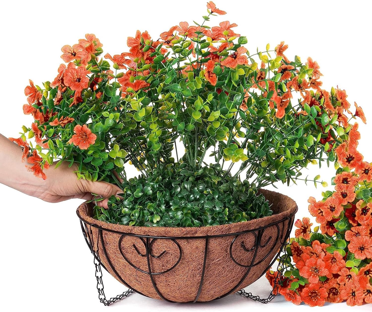 Artificial Fake Hanging Red Plants Flowers Basket for Outdoor Fall Winter Christmas, Faux Silk Daisy Mums Look Real UV Resistant for Outside Porch Home Patio Garden Yard Decoration