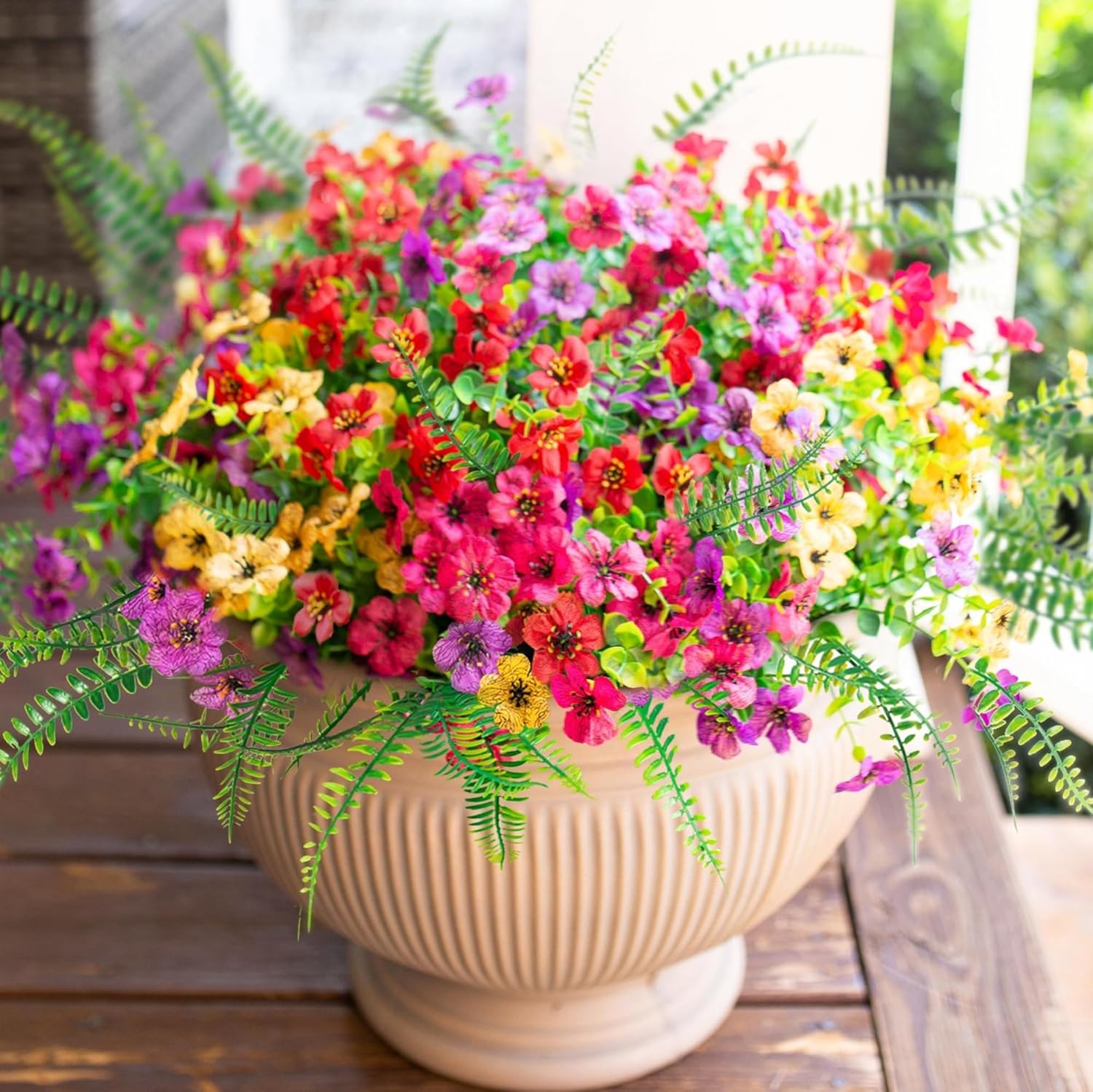 Artificial Flowers for Outdoor Indoor Garden Home Decoration, Faux Flower Daisy with Eucalyptus Leaves Fake Plants Greenery Boxwood Porch Patio, 12 Bundles (F Blue)