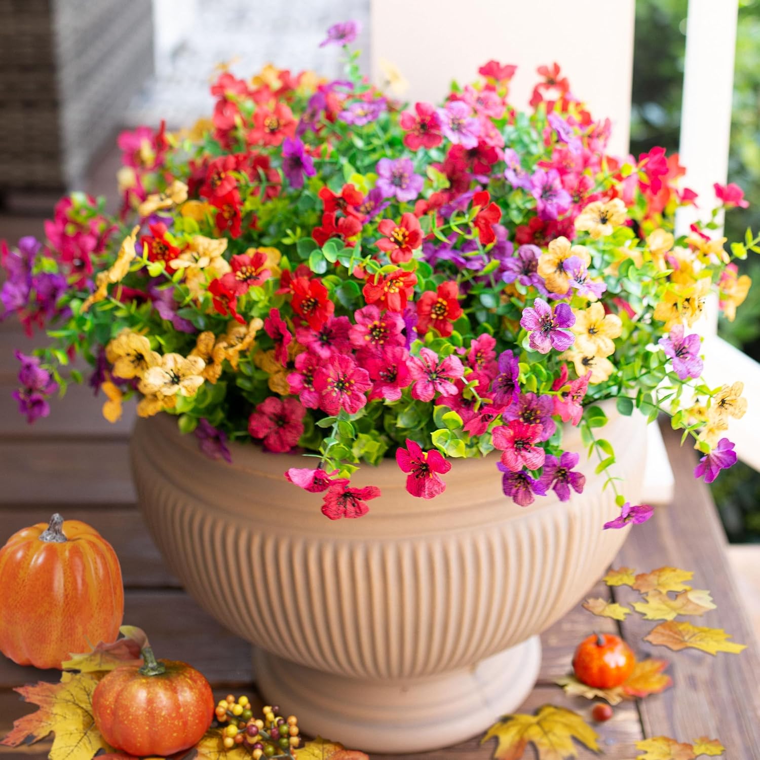 Artificial Flowers for Outdoor Indoor Garden Home Decoration, Faux Flower Daisy with Eucalyptus Leaves Fake Plants Greenery Boxwood Porch Patio, 12 Bundles (F Blue)