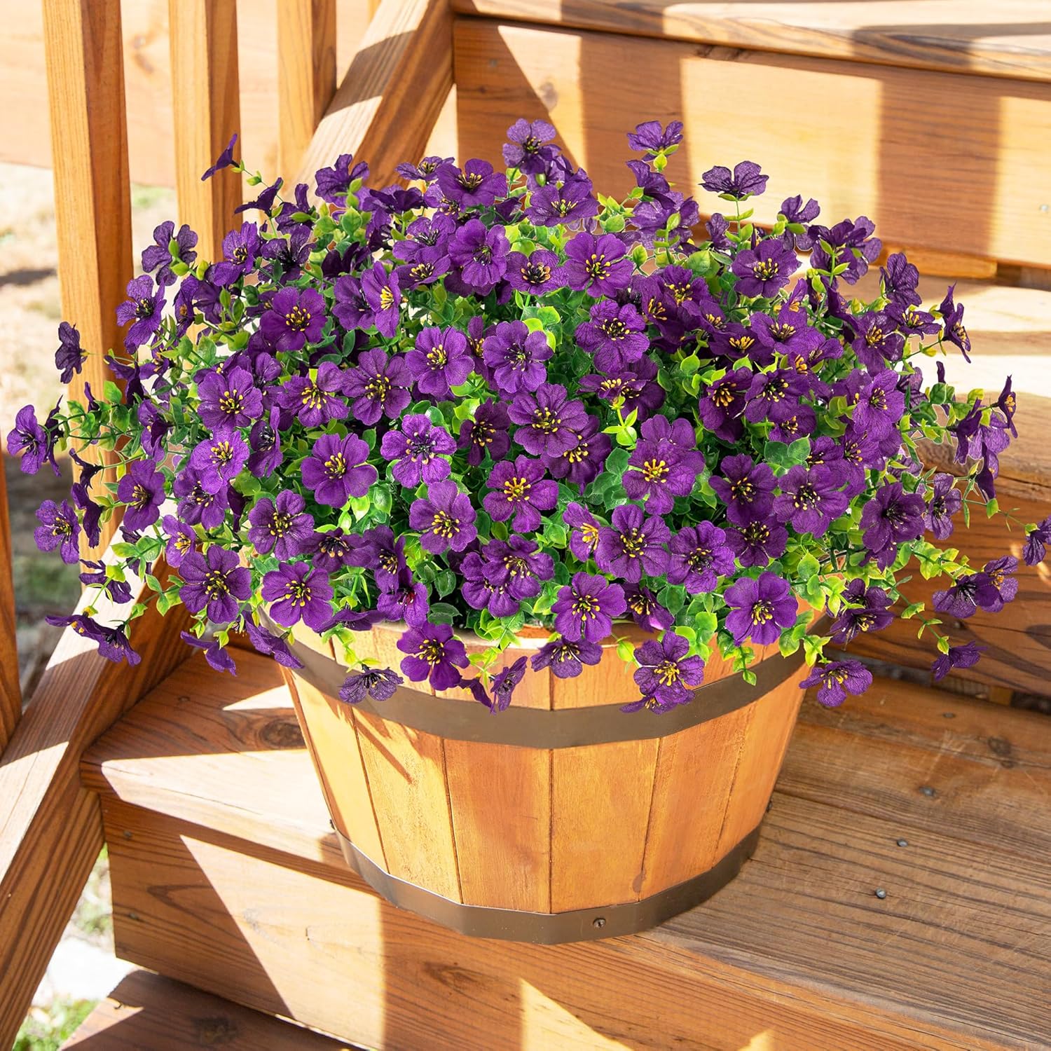 Artificial Flowers for Outdoor Indoor Garden Home Decoration, Faux Flower Daisy with Eucalyptus Leaves Fake Plants Greenery Boxwood Porch Patio, 12 Bundles (F Blue)