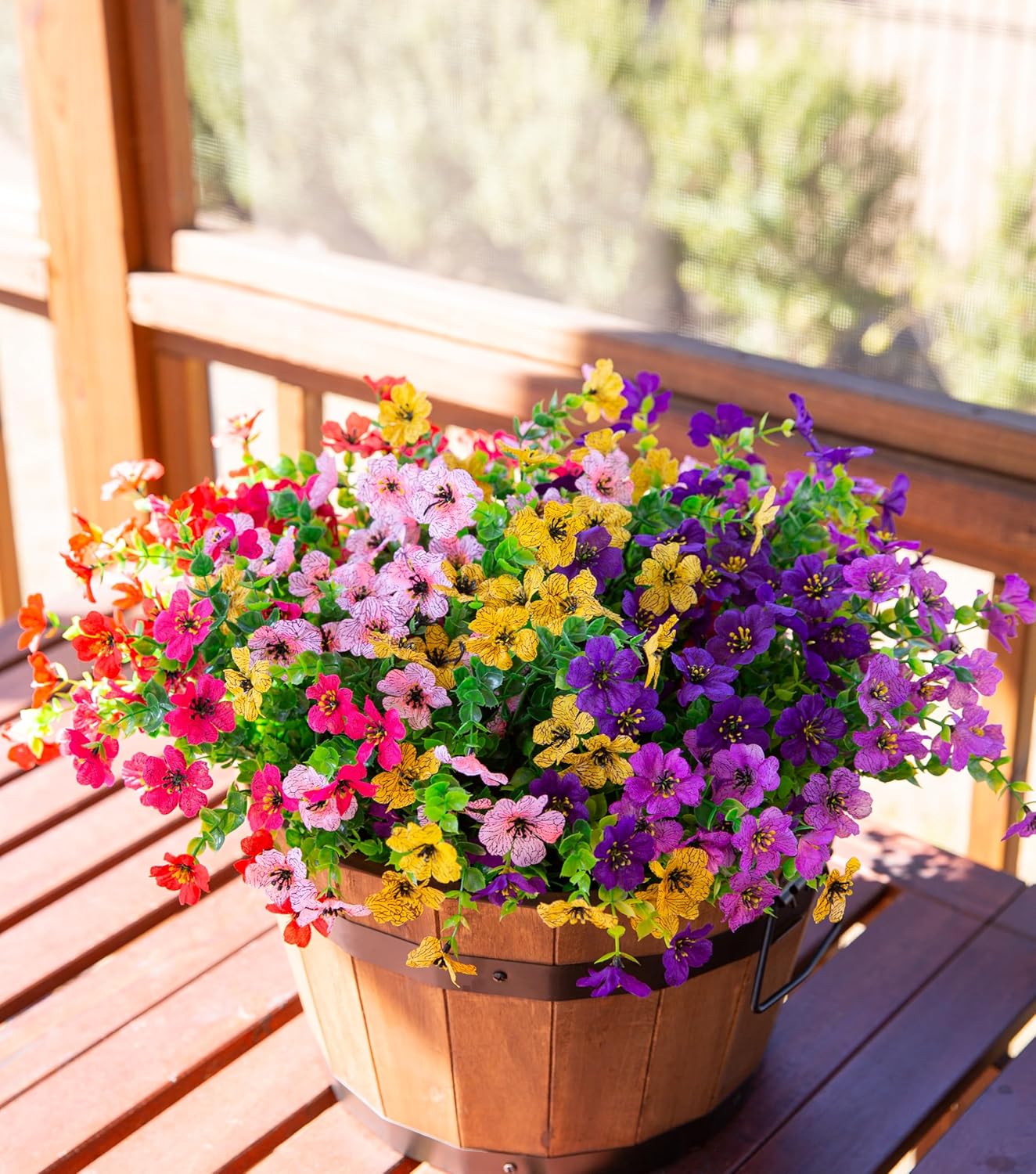 Artificial Flowers for Outdoor Indoor Garden Home Decoration, Faux Flower Daisy with Eucalyptus Leaves Fake Plants Greenery Boxwood Porch Patio, 12 Bundles (F Blue)