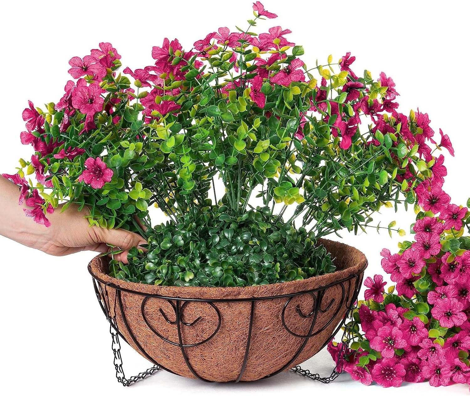 Artificial Fake Hanging Red Plants Flowers Basket for Outdoor Fall Winter Christmas, Faux Silk Daisy Mums Look Real UV Resistant for Outside Porch Home Patio Garden Yard Decoration