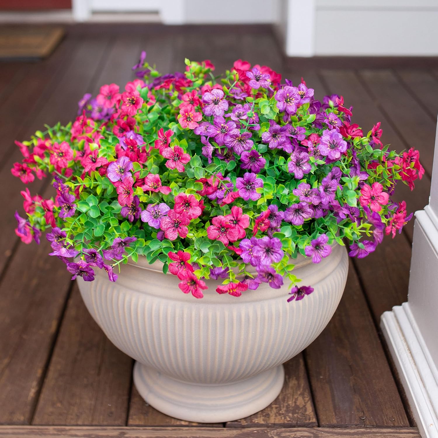 Artificial Flowers for Outdoor Indoor Garden Home Decoration, Faux Flower Daisy with Eucalyptus Leaves Fake Plants Greenery Boxwood Porch Patio, 12 Bundles (F Blue)