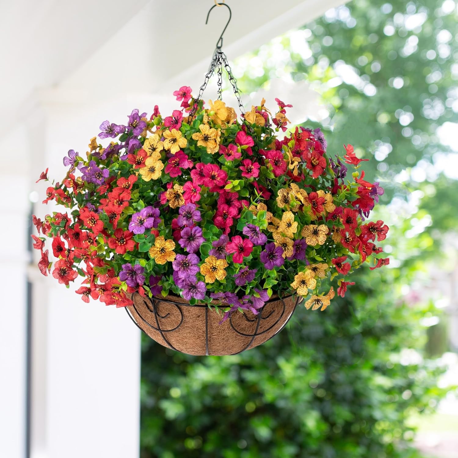 Artificial Fake Hanging Red Plants Flowers Basket for Outdoor Fall Winter Christmas, Faux Silk Daisy Mums Look Real UV Resistant for Outside Porch Home Patio Garden Yard Decoration