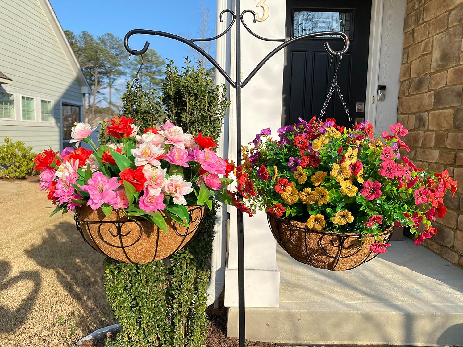 Artificial Fake Hanging Red Plants Flowers Basket for Outdoor Fall Winter Christmas, Faux Silk Daisy Mums Look Real UV Resistant for Outside Porch Home Patio Garden Yard Decoration