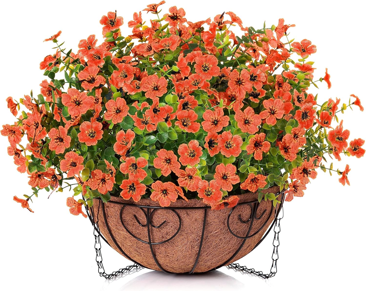 Artificial Fake Hanging Red Plants Flowers Basket for Outdoor Fall Winter Christmas, Faux Silk Daisy Mums Look Real UV Resistant for Outside Porch Home Patio Garden Yard Decoration