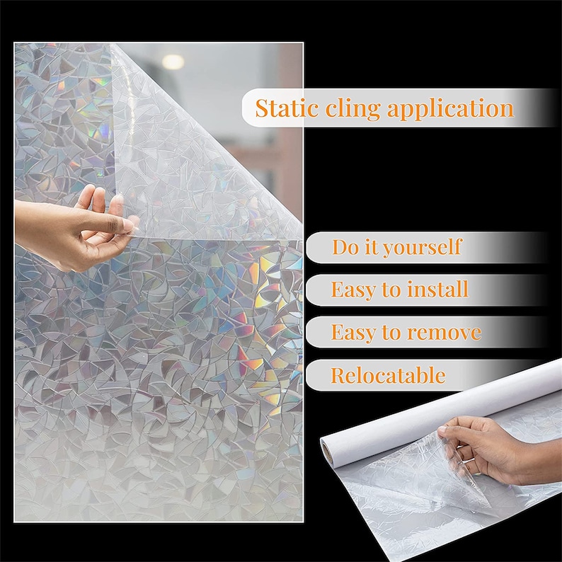 3D Window Film Privacy Rainbow Effect Window Stickers Decorative Glass Tint Self-adhesive Film Anti-UV Heat Control