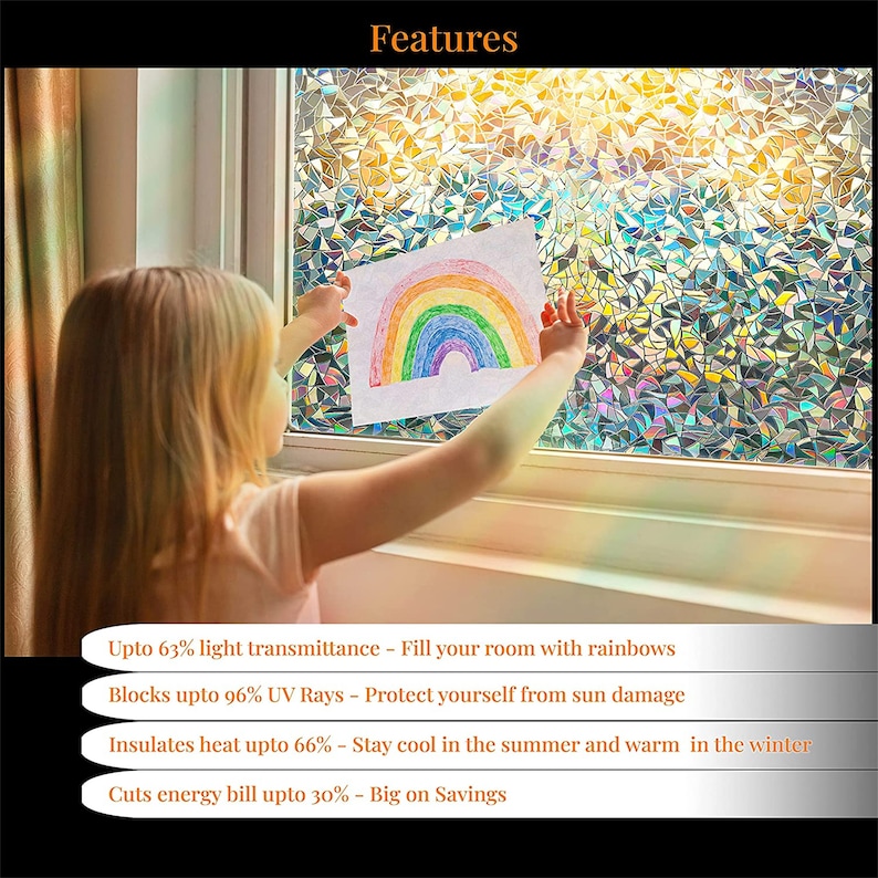 3D Window Film Privacy Rainbow Effect Window Stickers Decorative Glass Tint Self-adhesive Film Anti-UV Heat Control