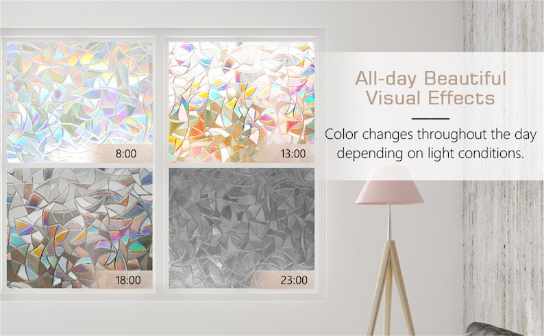 3D Window Film Privacy Rainbow Effect Window Stickers Decorative Glass Tint Self-adhesive Film Anti-UV Heat Control