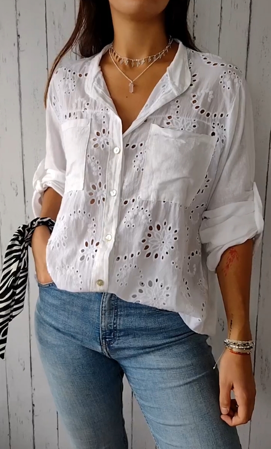Lace Hollow Cotton Solid Shirt (Buy 2 Free Shipping)