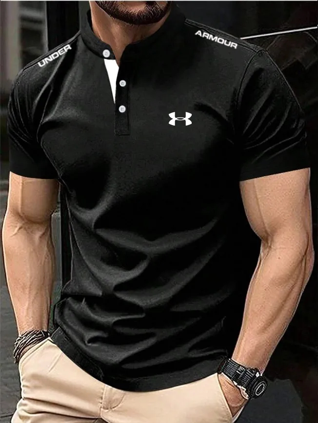 2025 New ArrivalsMen's Cotton Stand Collar Elastic Fit Sports Casual Short Sleeve Polo Shirt
