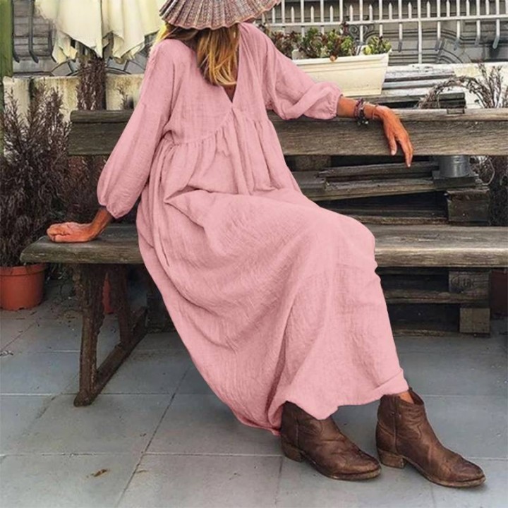 Women's Cotton Linen V-neck Split Joint Princess Dresses