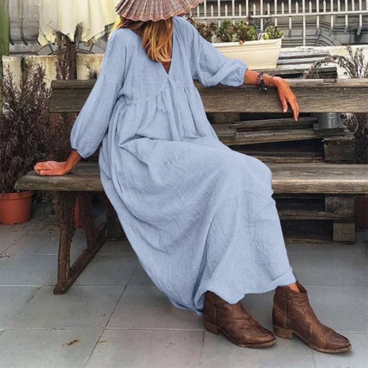 Women's Cotton Linen V-neck Split Joint Princess Dresses