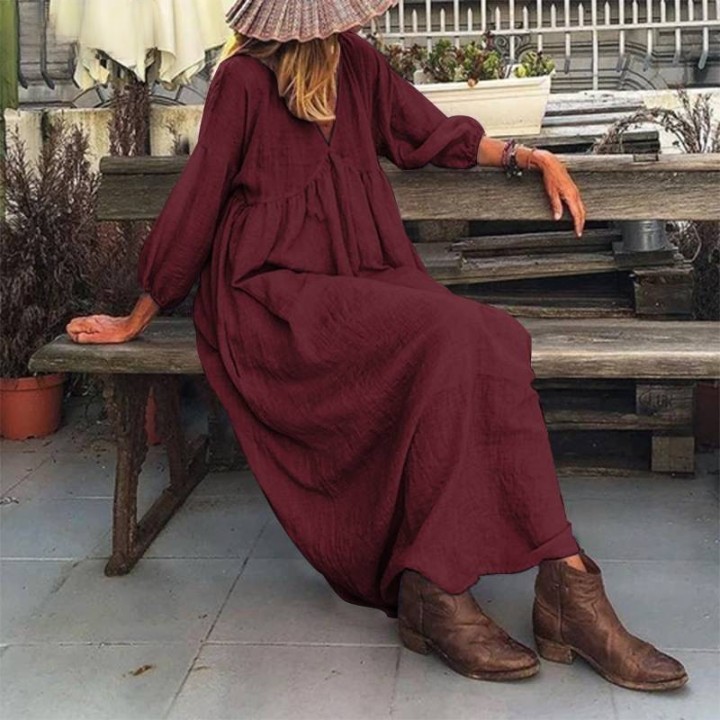 Women's Cotton Linen V-neck Split Joint Princess Dresses