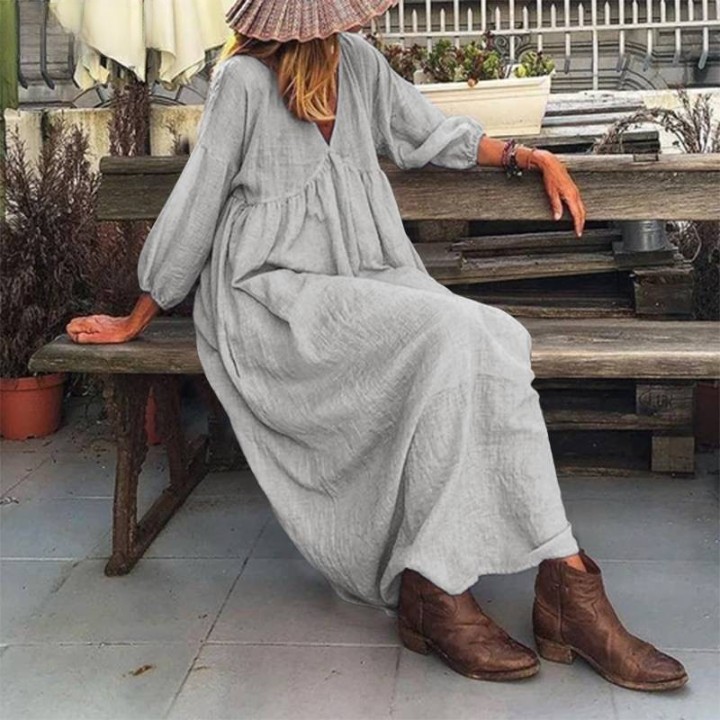 Women's Cotton Linen V-neck Split Joint Princess Dresses